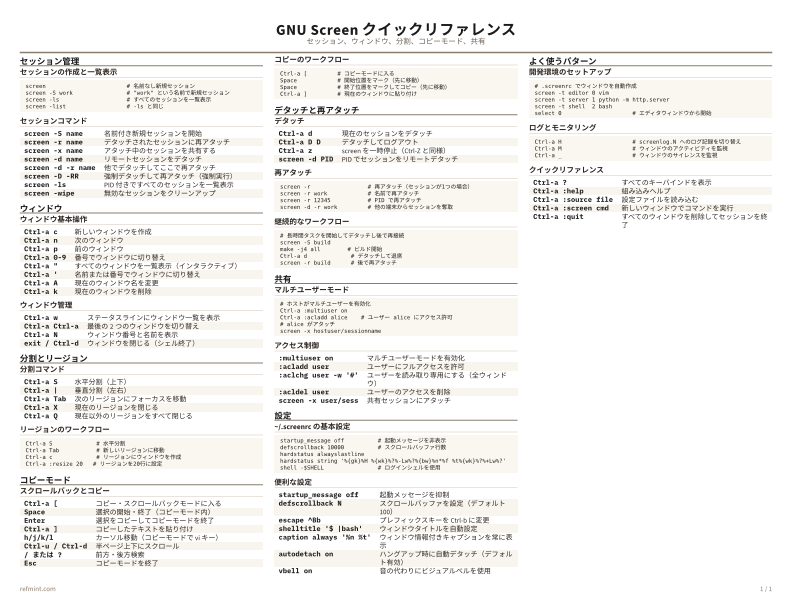 GNU Screen クイックリファレンス カラー thumbnail