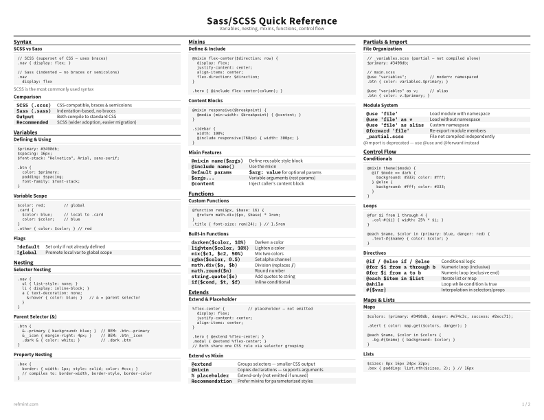 Sass/SCSS Quick Reference Reference Card thumbnail