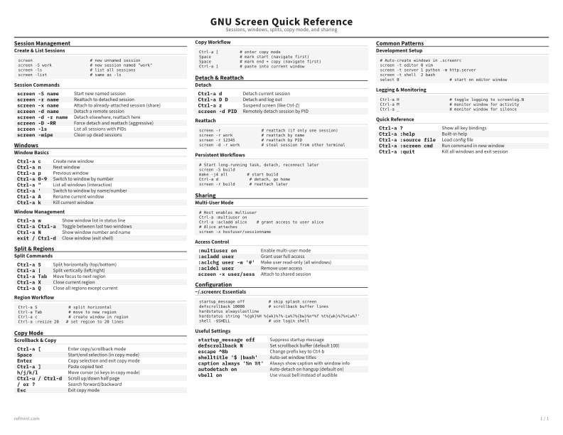 GNU Screen Quick Reference Reference Card thumbnail