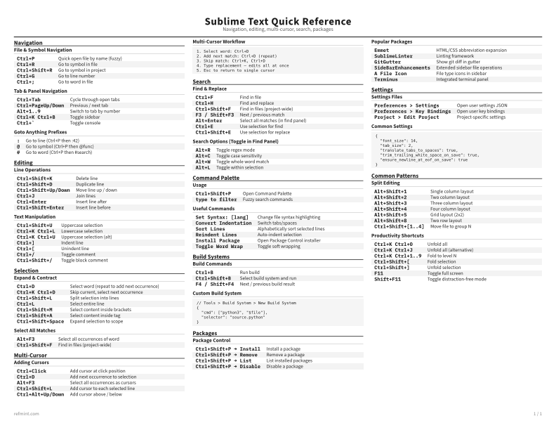 Sublime Text Quick Reference Reference Card thumbnail